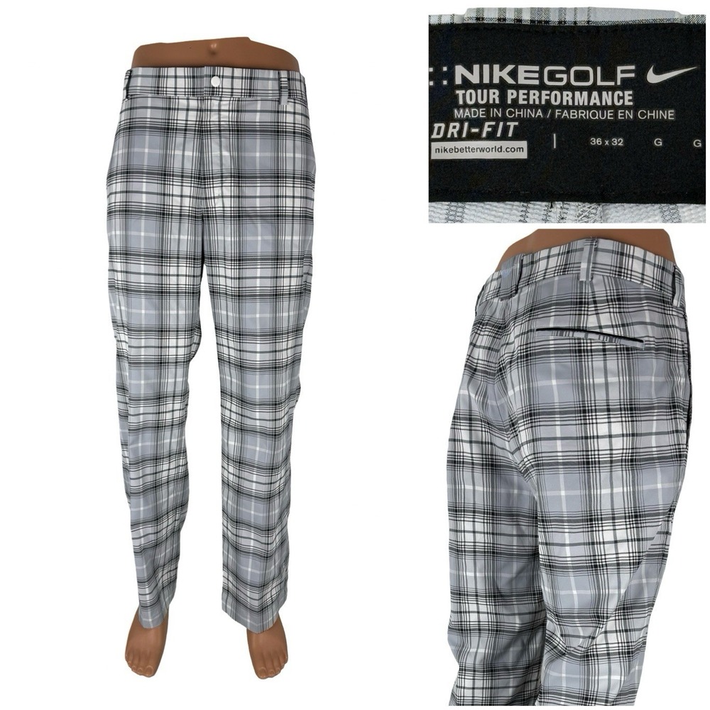 Nike Golf Tour Performance Mens 36 x 32 Pants Plaid Gray White 509741 101 EUC